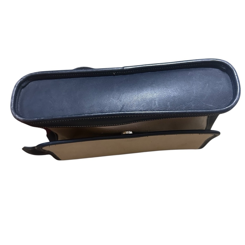 Vintage 90’s Coach Bleeker Flap Handbag Deep Navy Blue Leather & Wheat Canvas - Picture 10 of 16